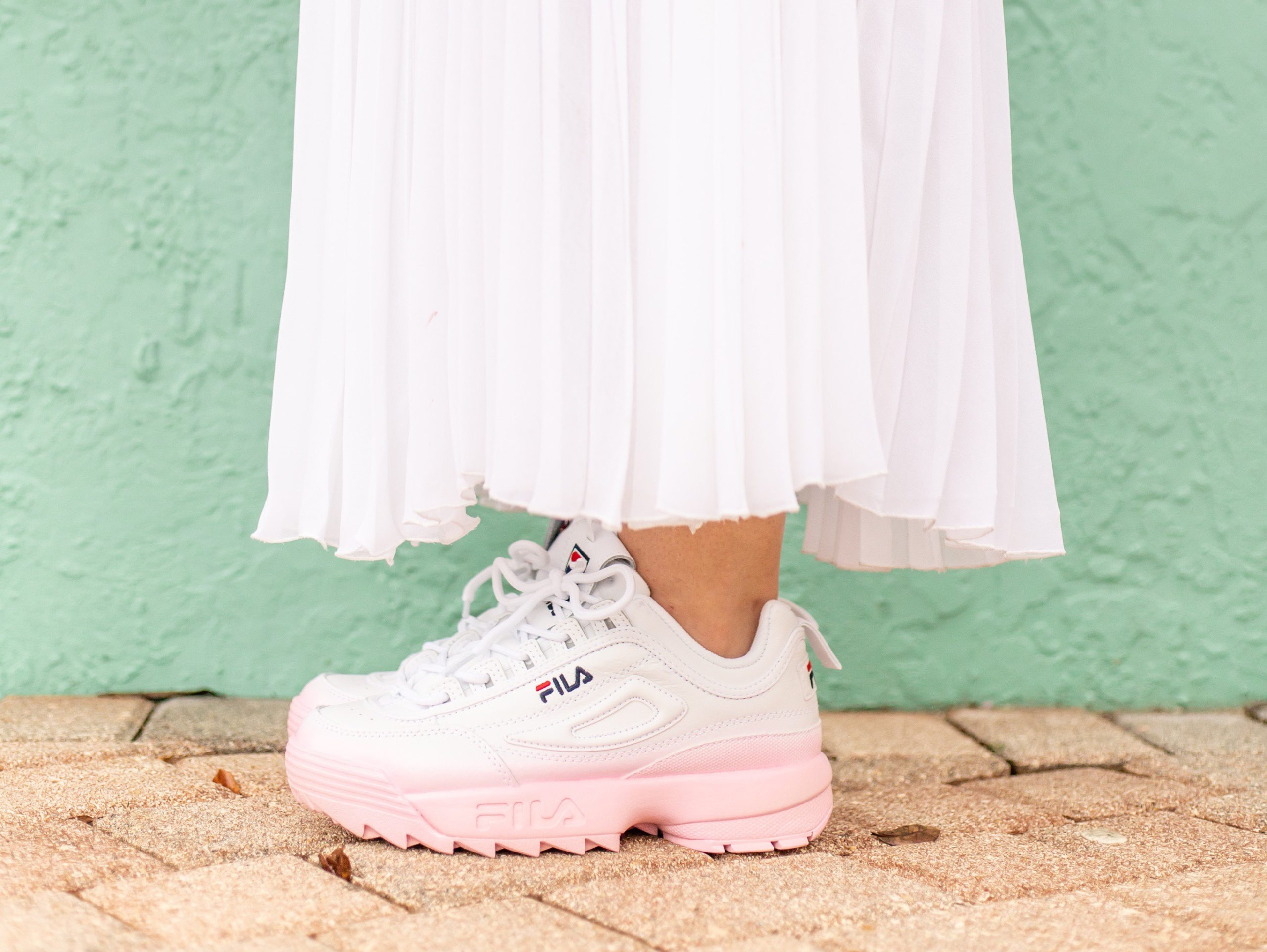 Why I'm White Dressed Obsessed White Zara Dress with with white and pink Fila Sneakers