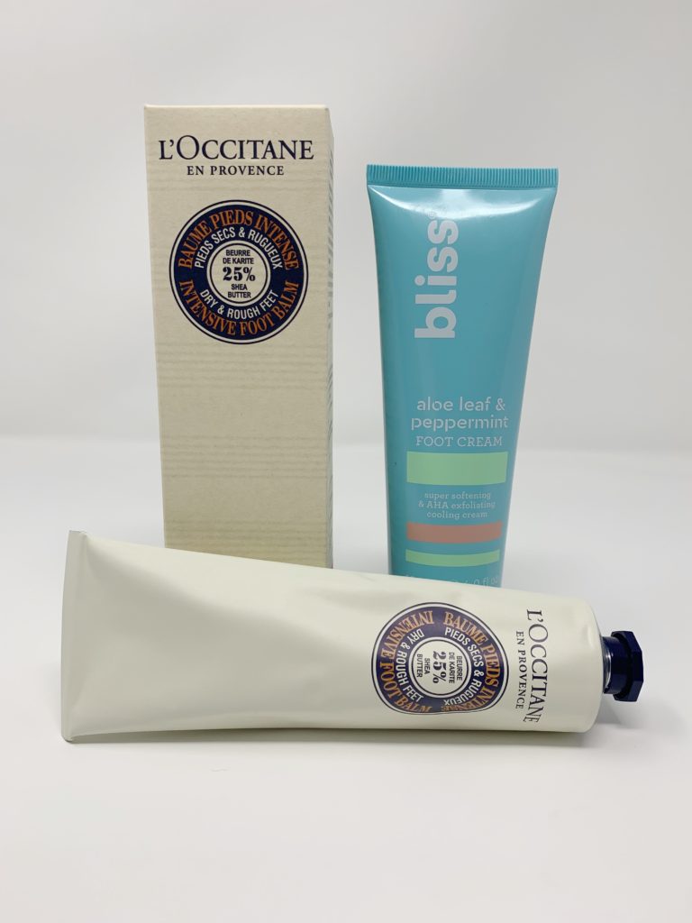 Best Five Products for Happy Feet- #4 Bliss Aloe Leaf and Peppermint Foot Cream and #5 L'Occitane Intensive Foot Balm