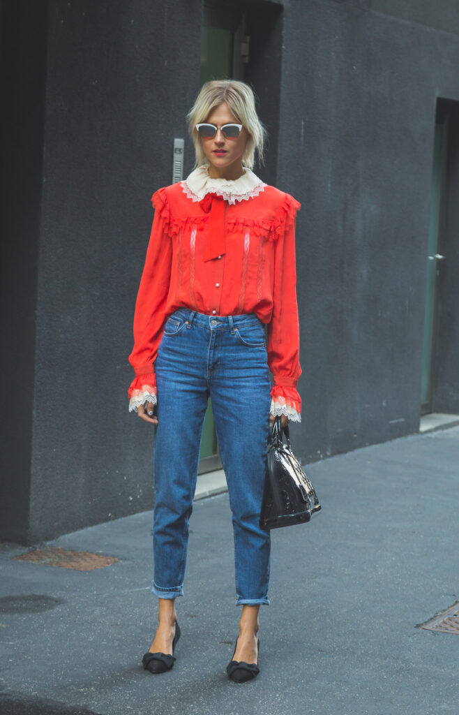 Petite outfit showing the 1/3 top and 2/3 bottom proportion principle